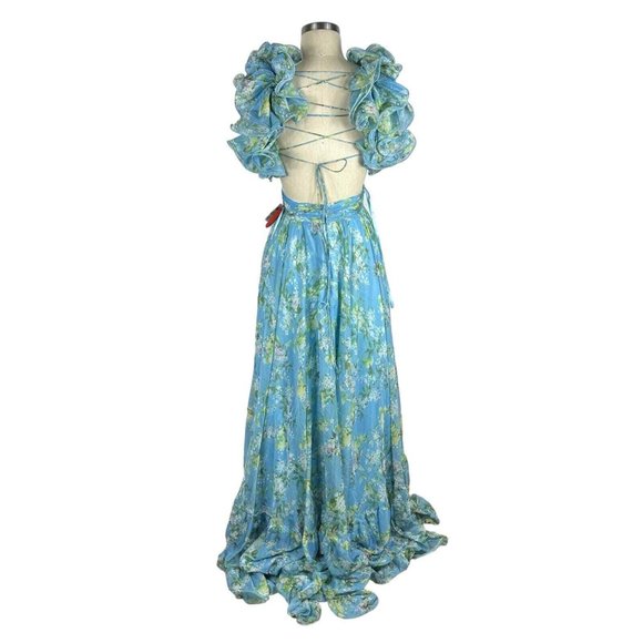 NWT Mac Duggal Blue Ruffled Floral Lace Up Back Cut Out Dress 67803 - Picture 4 of 7